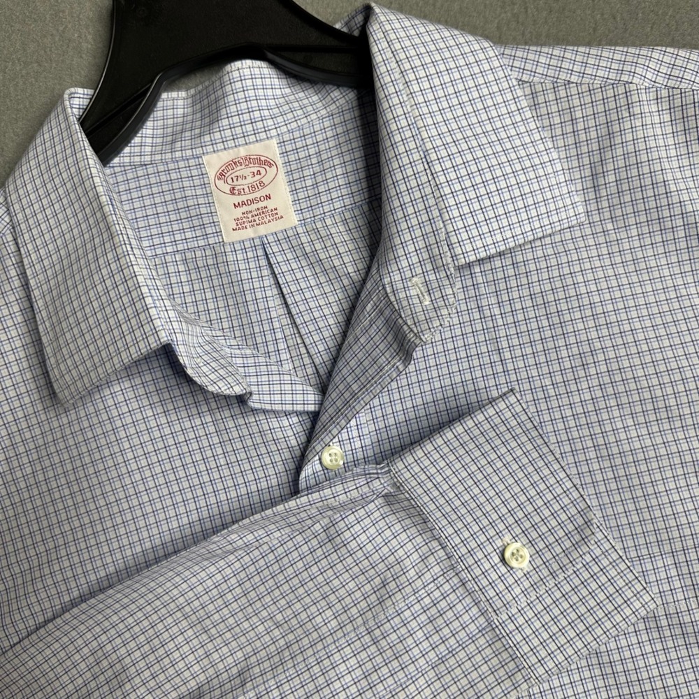 Brooks Brothers Madison Fit Gingham Dress Shirt Mens 17 1/2 34 Blue White Check - Picture 1 of 8